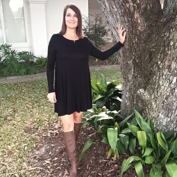 🍁Tunic Dress Round Neck Dolman Sleeve Black 1018 - Picture 1 of 8